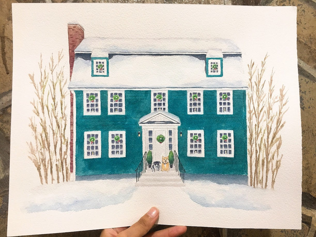 Custom Watercolor House Portrait | Hand-Painted Home Art | Housewarming Holiday Gift